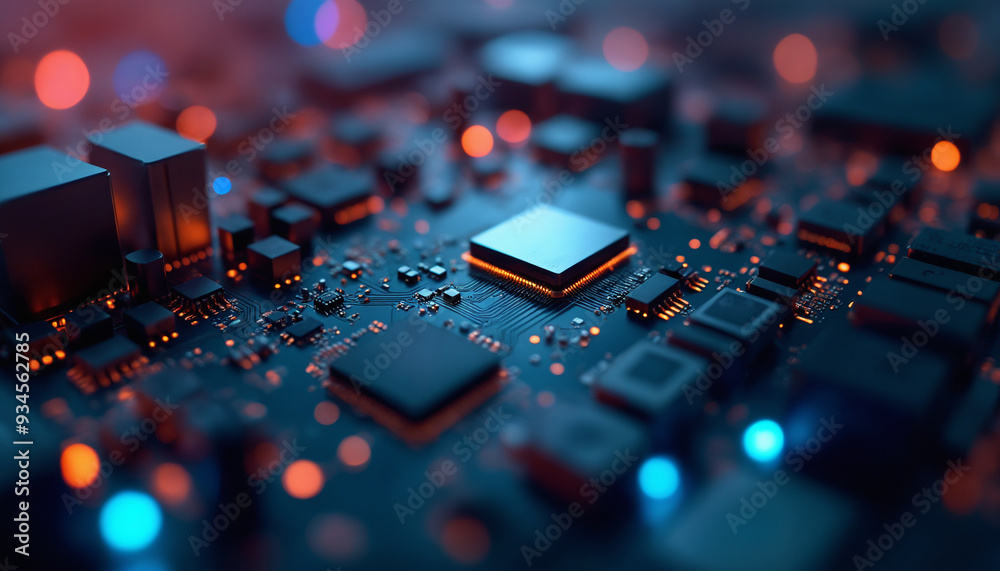 Poster technology abstract background featuring a close-up of a circuit board with a central microchip. the