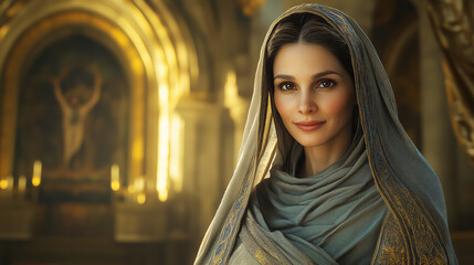 A serene portrait of an abbess in prayer, ideal for promoting religious events or holiday celebrations.