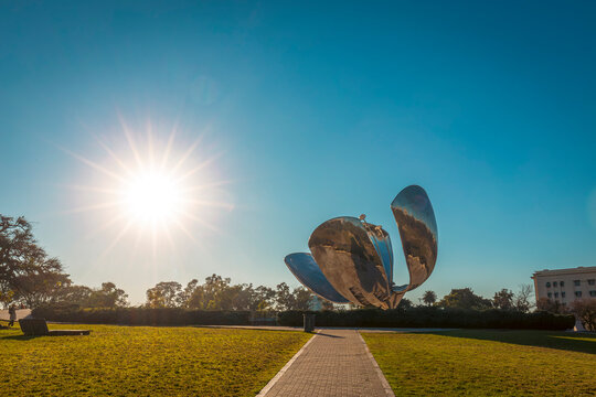 Floralis Generica, Buenos Aires, Argentina. A gift from an architect, this steel flower sculpture sits above a reflecting pool.