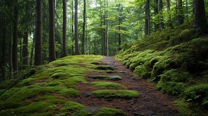 Obraz premium a path in the woods with moss growing on the ground