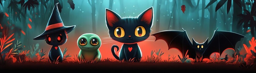 Halloween creature combo, zombie cat, witch frog, and vampire bat, room for text, flat design illustration