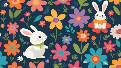 Seamless cartoon rabbit and flower pattern with bright colors for children