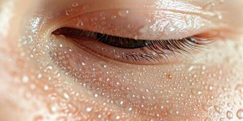 Fototapeta premium Detailed view of a prominent pore on oily facial skin featuring enlarged pores, addressing skincare for challenging skin types in natural sunlight.