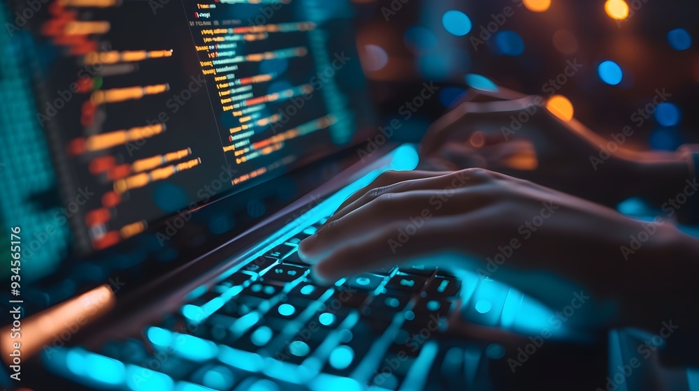 Poster close-up of hands coding on a computer keyboard ai generated illustration