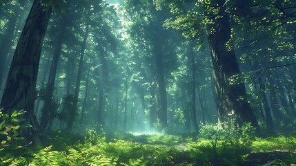 A serene forest scene with sunlight filtering through tall trees, creating a tranquil atmosphere.