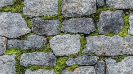 Obraz premium A close-up image of a grey stone wall with moss growing between the stones, seamless pattern.