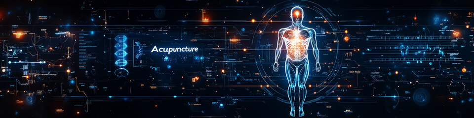A futuristic digital representation of acupuncture, perfect for health and wellness promotions.