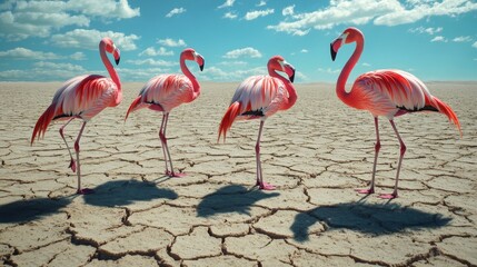 Obraz premium Four Pink Flamingos Standing on Dry Cracked Earth with Blue Sky and Clouds