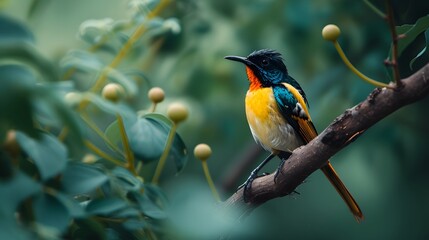 Obraz premium Close-up shot of a colorful small bird sitting on a branch within a minimalistic composition AI generated illustration