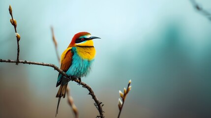 Obraz premium Close-up shot of a colorful small bird sitting on a branch within a minimalistic composition AI generated illustration
