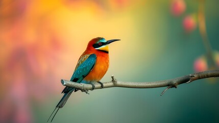 Fototapeta premium Close-up shot of a colorful small bird sitting on a branch within a minimalistic composition AI generated illustration