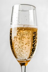 Closeup shot of bubbles in a glass of champagne with a white background AI generated illustration