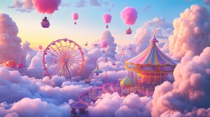 Fantasy Amusement Park in the Clouds - Surreal Artwork.