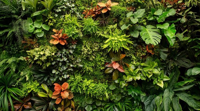 A vibrant green wall adorned with a plethora of lush plants, providing a mesmerizing and natural display of beauty and life