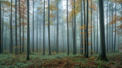 Obraz premium Beech forest (Fagus sylvatica) in early morning mist, Spessart, Bavaria, Germany, Europe