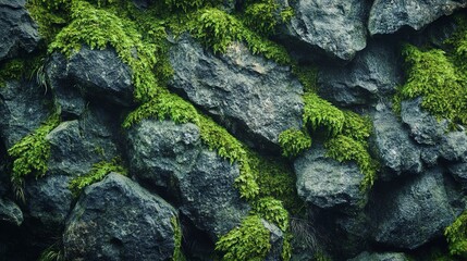 Obraz premium Moss-Covered Stone Texture Background, 4K hyperrealistic photo