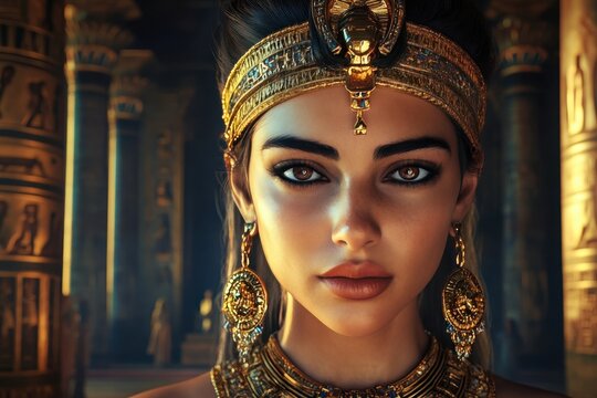 Beautiful Egyptian Queen with Golden Jewelry and Intricate Headpiece.