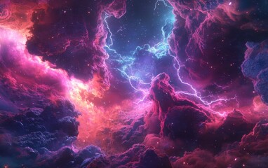 Obraz premium Abstract Cosmic Clouds with Lightning Bolts and Stars - Space Background.