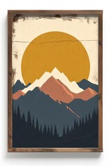 Colorado mountain inspired minimalistic movie poster in a wooden frame  AI generated illustration
