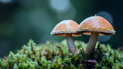 Fototapeta premium a close up of two mushrooms on a moss