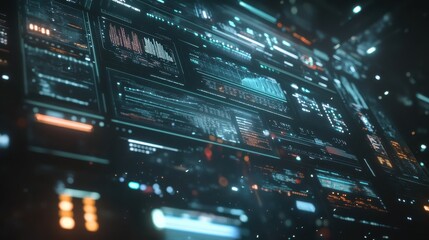 Fototapeta premium Futuristic Digital Interface with Glowing Data and Code on Black Background.