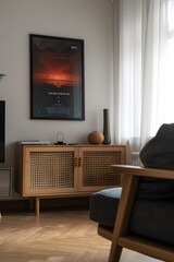 Contemporary room featuring a minimalistic movie poster in a wooden frame  AI generated illustration