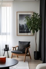 Contemporary room highlighted with a wooden frame housing a minimalistic cinematic poster  AI generated illustration