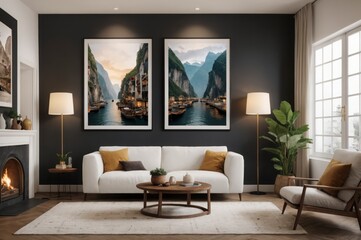 A living room with two large framed pictures on the wall