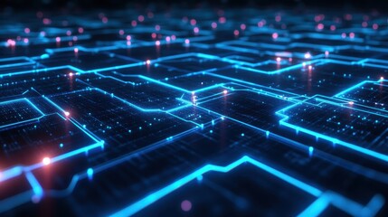 Abstract Futuristic Circuit Board with Glowing Blue Lines and Red Lights - Technology Background.