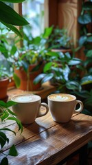 Two steaming coffee mugs sit on a sunlit wooden table surrounded by lush green indoor plants.