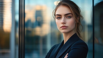 Portrait of a Confident Young Businesswoman in a Suit Standing in Front of a Window