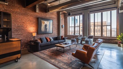 Modern Loft Living Room with Exposed Brick Walls, City View and Stylish Furniture.