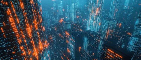 Obraz premium Futuristic Cityscape with Glowing Lines and Data Stream, Cyberpunk City, Neon City, Digital City, Night City, Sci-Fi City