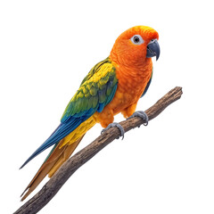 Sun conure on a tree branch, isolated on a transparent background