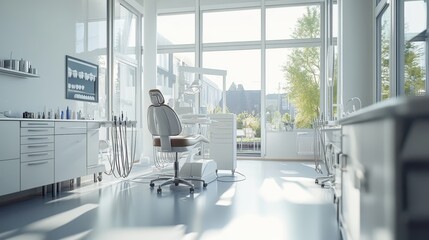 Modern Dental Office Interior with Bright White Walls, Large Windows and Dental Chair.