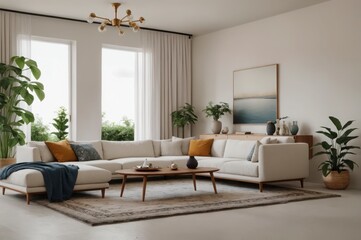 A living room with a white couch, a coffee table, and a potted plant