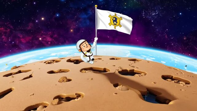 Monkey Astronaut Plants Flag on Cartoon Moon During Exploration Generative AI