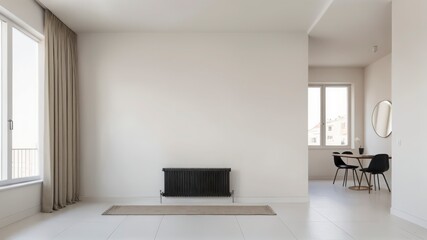 A large empty room with a radiator in the corner
