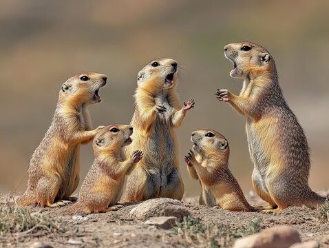 Five Adorable Ground Squirrels Standing Upright, Chattering and Looking Around in a Prairie Habitat.