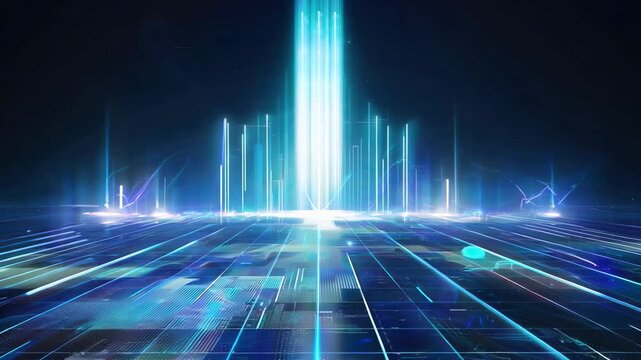 Futuristic digital landscape featuring glowing lines and columns of light, representing advanced technology and innovation.