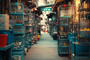 An animal market aisle selling birds and cages