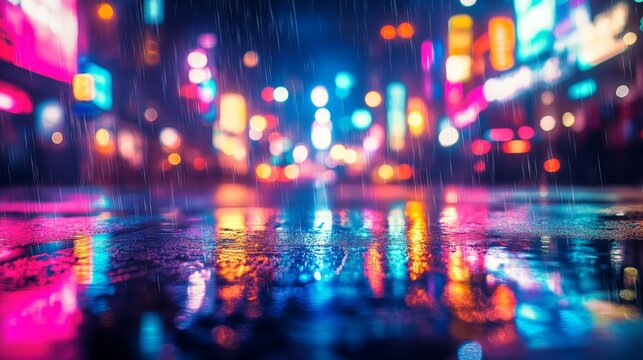 A blurred city street at night, glowing neon lights reflecting on wet pavement