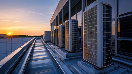 Several air conditioning units are mounted on a flat rooftop. The sun is setting in the background behind a row of trees.