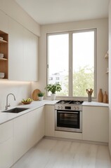 A small kitchen with a white oven and a sink