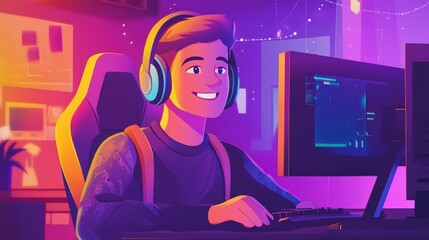 Vibrant Gaming Excitement: Smiling Young Man Playing Video Games with Headphones in Colorful Room