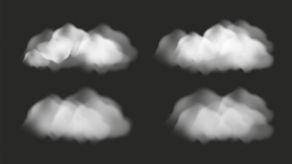 Smoke Vapor cloud overlay effect Realistic vector. White fog on dark background. Smoke from fire or cloud. Natural atmospheric phenomenon.