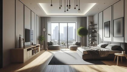 Fototapeta premium a spare room with minimalist decor and large windows