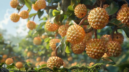 Vibrant Tree With Spiky Orange Fruits Growing Abundantly in Lush Greenery Under Clear Blue Sky