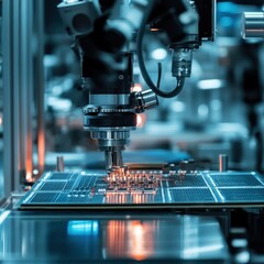 Close-up of a Robotic Arm Assembling a Circuit Board in a Factory.
