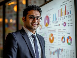 Businessman Presenting Charts on Whiteboard with Copy Space